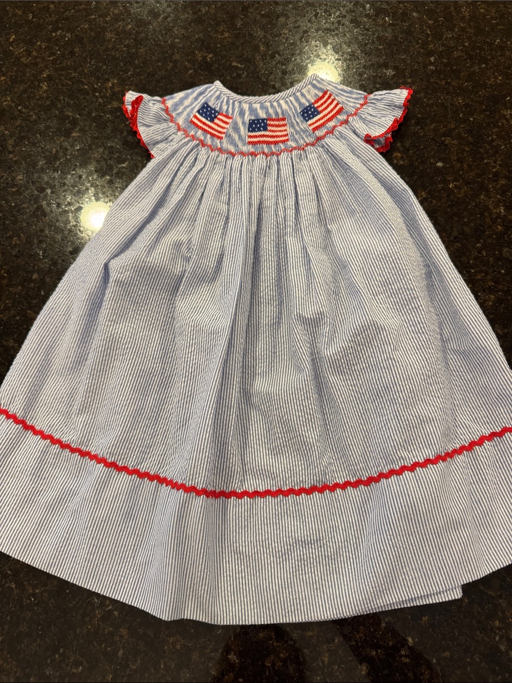 Girls' Blue & White Striped Smocked Dress with Red Trim